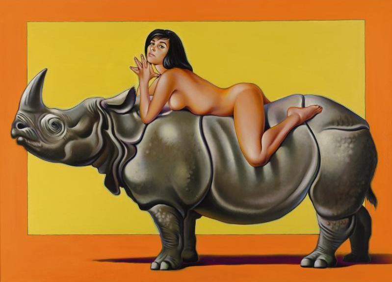 картина художника Мела Рамоса с обнаженной женщиной, оседлавшей носорога