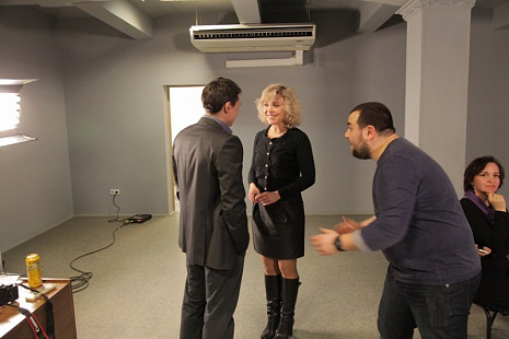 репетиция с актерами, Денис Назаренко, Ольга Левитина и режиссер Михаил Левитин