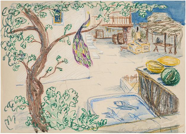 выставка "Таможня дает добро. Киноистории в деталях", эскизы декораций Беллы Маневич (к фильму "Белое солнце пустыни")