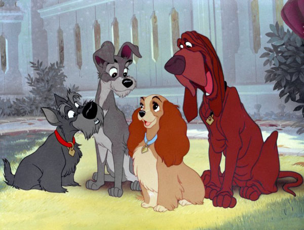 кадр из анимационного фильма Леди и Бродяга