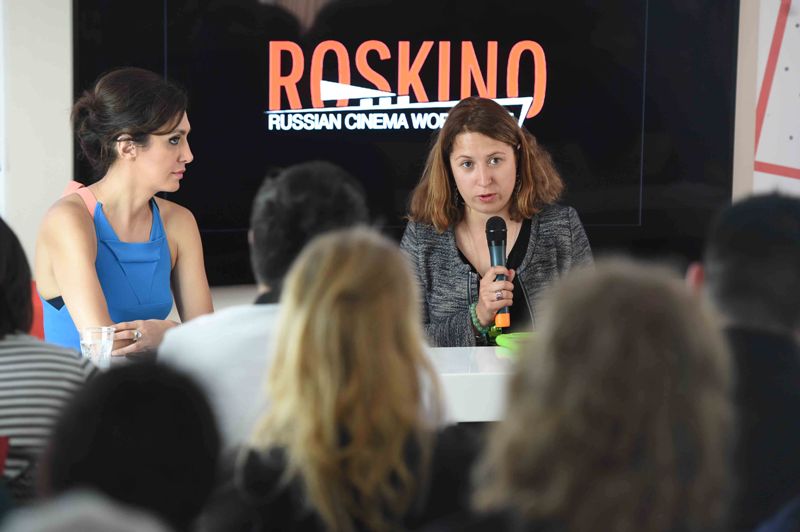 Российский павильон на 69-м Каннском кинофестивале, презентация проектов готовых для копродукции, глава Роскино Екатерина Мцитуридзе, режиссер Вера Глаголева, продюсер Мила Розанова