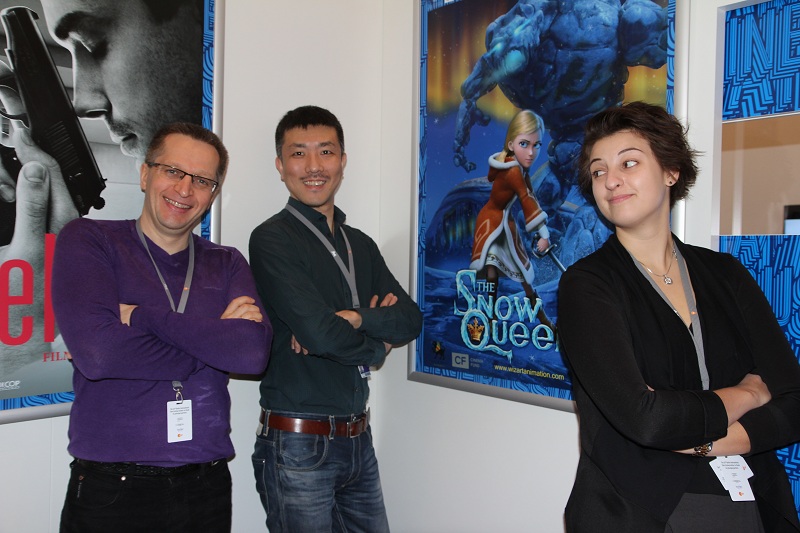 Европейский кинорынок, стенд Russian Cinema, Юрий Москвин, продюсер компании Wizart Animation; Катерина Пшеницына, менеджер по международной дистрибуции